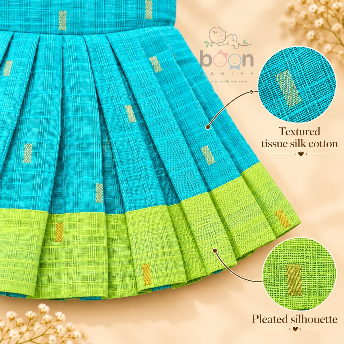 Pleated skirt and textured tissue silk cotton detail on turquoise baby girl knot frock